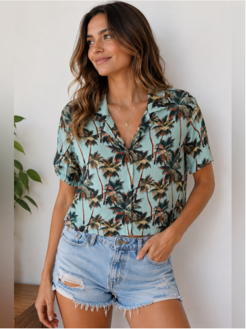 Mavi Mint Green Palm Print Button-Down Shirt Size XS Beach Coastal Summer
